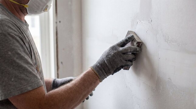 Man in a dust mask and gloves sanding a drywall patch on a wall. Worker preparing a surface for painting during a home improvement project