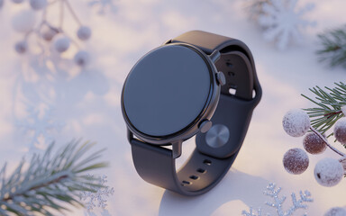 Premium smartwatch product mockup in a soft winter holiday scene with pine branches and frosted berries, blank round screen and clean copy space&mdash;ideal for e-commerce banners, gift guides, tech ads.