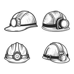 Set of miner helmets with headlamps various angles vintage style illustration collection