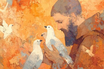 Saint Francis of Assisi holding white doves, impressionist painting, warm tones, religious art concept