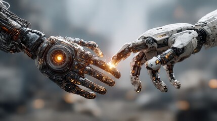 Artificial intelligence collaboration featuring mechanical hands touching, showcasing future technology, ai learning, and robotics powering system innovation