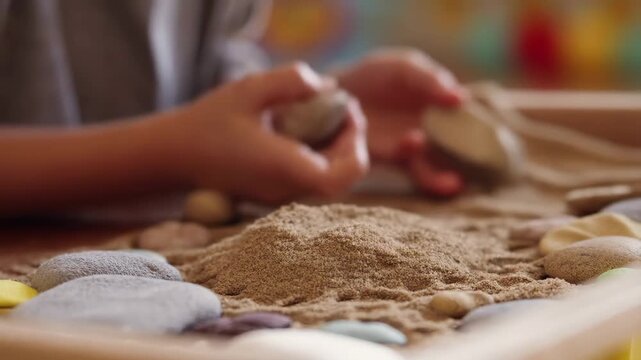 Child playing with sand and stones in a sensory play environment. Engaging in tactile exploration for developmental learning and creativity