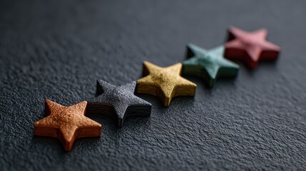 Row of star shaped objects displays zero star rating, indicating bad customer satisfaction or service quality on dark shiny surface