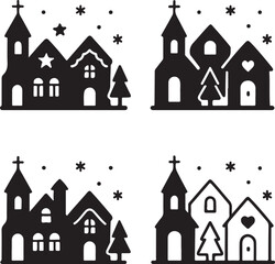 Isolated Christmas Village Silhouette Icons, Christmas Village Black Minimal Vector Icons, Holiday Village Houses Festive Winter Scene Minimal Xmas Scene, Clean Modern App Web Design Icons