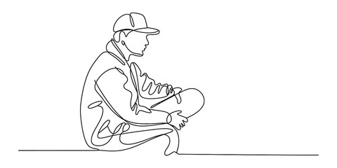 A single continuous line drawing of a person sitting and holding a skateboard Vector, illustration © Continues One Line D