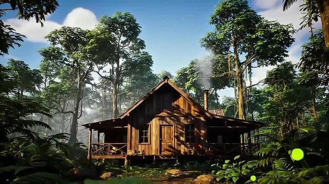 Cozy Rustic Wooden Cabin in Lush Tropical Jungle with Morning Mist and Glowing Fireflies 4k