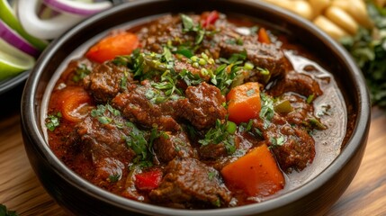 A close-up image of a hearty beef and vegetable stew garnished with green herbs.