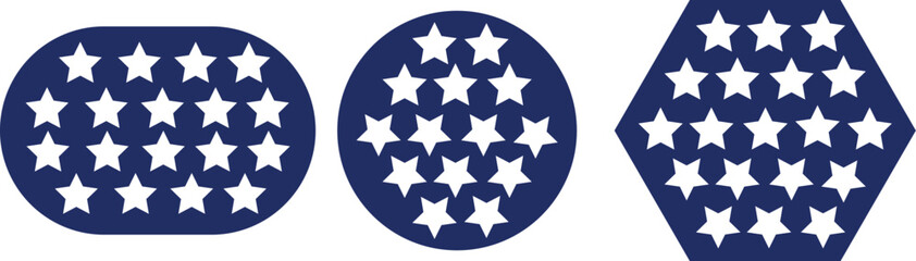 Obraz premium Vector art of three blue shapes filled with white stars oval, circle, and diamond, representing american theme, patriotic star clusters
