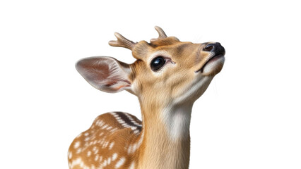 Close-up profile portrait of young spotted deer looking upwards isolated PNG with Transparent Background