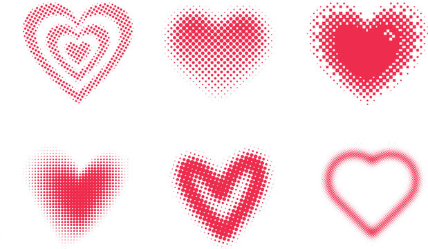 Red halftone vector heart icon set featuring retro pop art dots and halftone for romantic branding, wedding and creative love-themed graphic design.