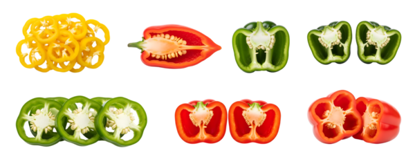 A vibrant close up photograph of sliced bell peppers in yellow green and red showcasing freshness for culinary or healthy eating promotions