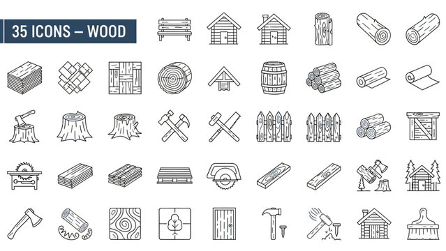 Line art vector icons for wood and woodworking. Essential tools, timber, planks, wooden structures, and outdoor items included for forestry, construction, and sustainable design projects
