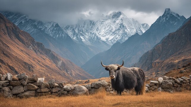 Solitary yak standing near stone wall in khumb valley, Nepal with snow-capped mountains in the distance on a cloudy day
