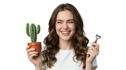 Woman Laughing with Cactus and Safety Razor Clipart PNG Element