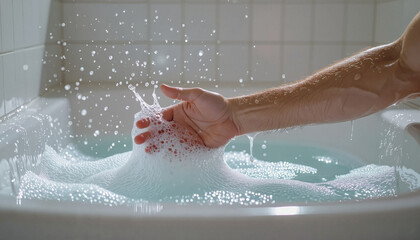 Man's hand touching bubbly water in a bathtub for a baby's bath time