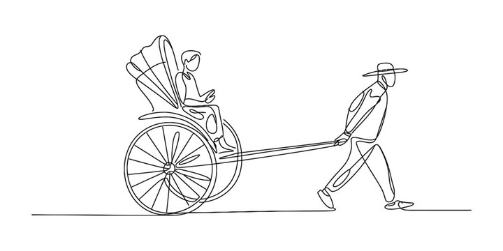 Single line drawing of a man pulling a rickshaw with a passenger Vector, illustration