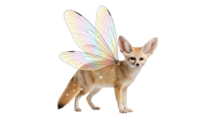 Cute Fantasy Fennec Fox Creature Standing with Sparkling Iridescent Fairy Wings isolated PNG with Transparent Background