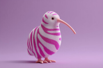 Cute New Zealand kiwi bird toy with pink and white zebra stripes against pastel purple background.


