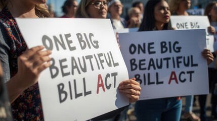 Protest for one big beautiful bill act city square signage urban environment ground level civic engagement