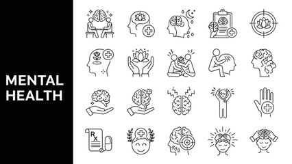 Comprehensive set of modern line art icons representing mental health concepts, psychological well-being, stress management, therapy, and emotional support for awareness and care