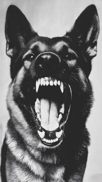 Aggressive Belgian Shepherd Malinois dog growling with mouth wide open. Monochrome image. 