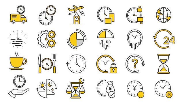 Modern vector icon collection for time management and business productivity. Concepts include scheduling, delivery, deadlines, efficiency, daily routines, planning, and organization