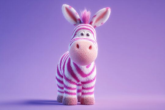 Cute cartoon style pink and white zebra pattern donkey baby soft toy isolated on purple background. Jackass plush stuffed toy.  