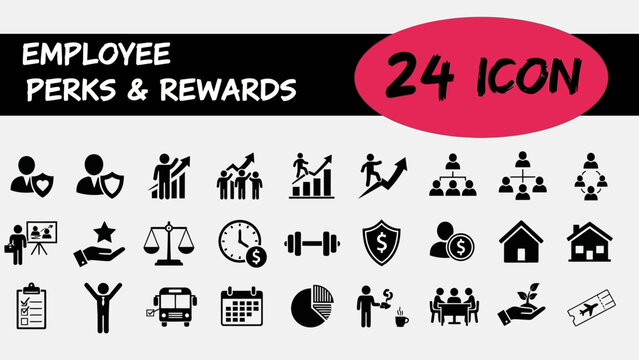 Comprehensive collection of employee perks and rewards vector icons, perfect for illustrating human resources, business benefits, and career development concepts