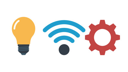 Innovative ideas in modern wireless technology with bright glowing lightbulb and gear icon in simple flat design for tech blog header