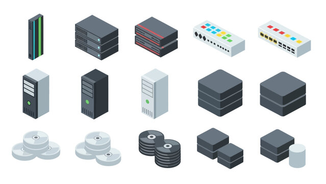 Collection of isometric computer server racks and data storage devices