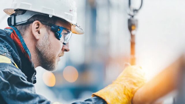 Safety First: Focused Construction Worker with safety first gear meticulously works.