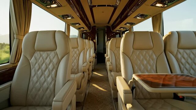 Empty executive passenger bus interior with luxurious leather seats and sunset, spacious design for business class travel