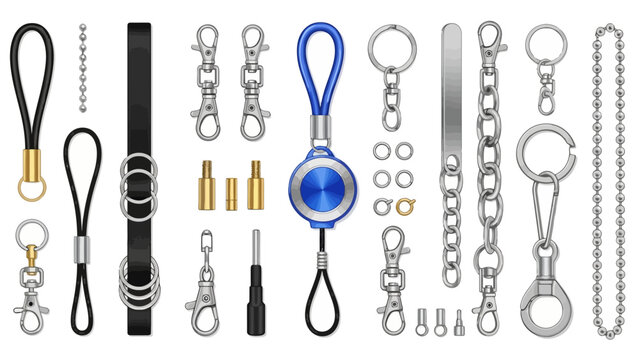 Comprehensive collection of diverse metal and leather accessory hardware for crafting, including durable keychains, lanyards, clasps, rings, and carabiners, neatly arranged for professional display