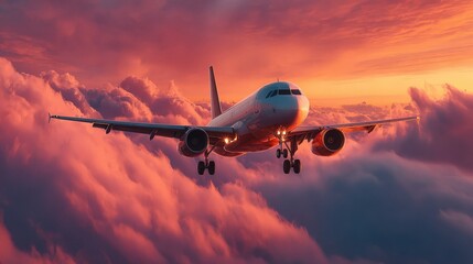 Airplane flies through the air with dramatic clouds during a beautiful sunset at golden hour with landing gear down