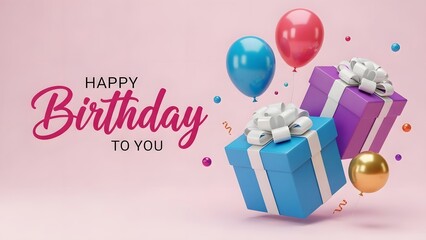 Happy birthday wishes with colorful gifts and balloons