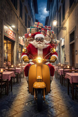 Santa Claus driving a mustard colored scooter at night through a charming alley filled with pizza cafes, balancing a mountain of Christmas gifts.