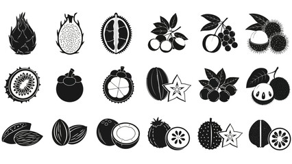 Fototapeta premium A comprehensive set of tropical fruit icons in a sleek black and white style, perfect for illustrating exotic produce, healthy food concepts, and culinary designs