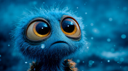 Obraz premium A blue fuzzy creature with large expressive eyes and a sad expression