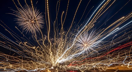 Abstract long exposure of fireworks exploding in a dark night sky creating light trails.