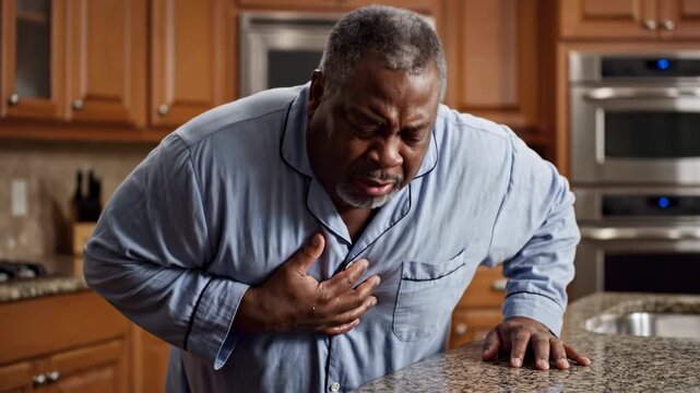African american man in pajama having chest pain, heart attack symptom, or health emergency in kitchen.