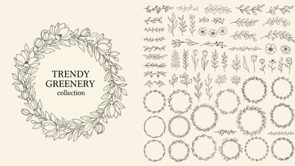 Elegant Hand-Drawn Wreath and Floral Elements Collection for Decorative Designs