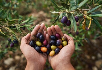 Hands holding colorful olives harvested from lush olive tree branches