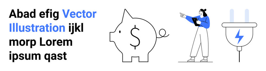 Woman holding a tablet pointing at a dollar-marked piggy bank next to an energy-efficient plug icon. Ideal for finance, economy, savings, budgeting, sustainability, energy management, simple landing