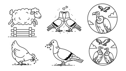 Collection of black and white line art icons featuring farm animals and birds in various poses and activities