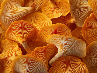 Close up texture of fresh orange mushroom gills. Abstract natural fungus pattern background. Macro view of wild fungi underside