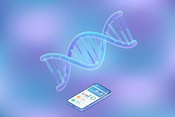 Glossy 3D DNA double helix floating above a smartphone with analytics dashboard, symbolizing mobile genomics, genetic testing, health data, and biotechnology on a soft gradient background.