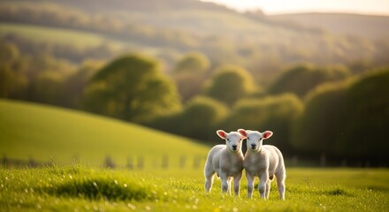 Two white sheep standing in a green meadow landscape