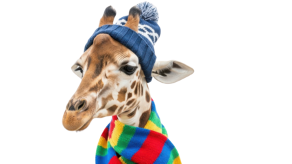 Isolated Close-up of Giraffe Head Wearing Blue Winter Beanie and Colorful Striped Scarf isolated PNG with Transparent Background