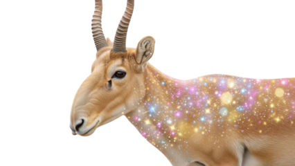 Magical Saiga Antelope Profile with Glowing Colorful Glitter and Bokeh Effects isolated PNG with Transparent Background
