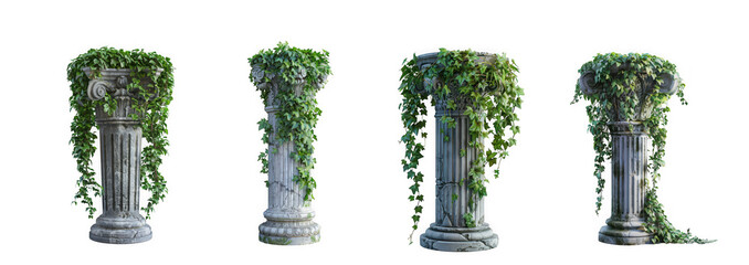 Ancient stone pillars overgrown with green vines and leaves isolated on transparent background
